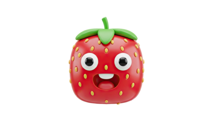 3D Cute happy strawberry character with a funny face on transparent background
