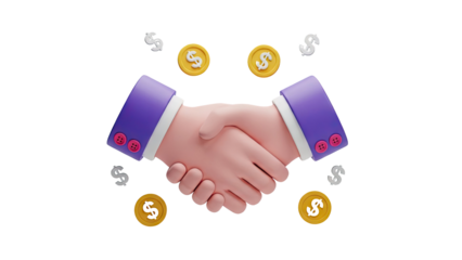 3D Handshake with Gold Coins and Dollar Signs on transparent background