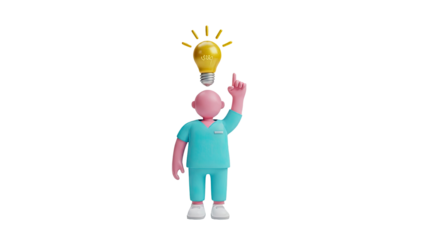 3D Medical professional with an idea, lightbulb above head on transparent background