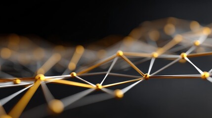 Abstract network structure with golden and white connections on a dark background representing technology, communication, and data transfer concepts