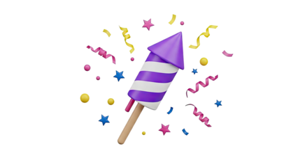 3D render of a festive party rocket with confetti and stars on transparent background