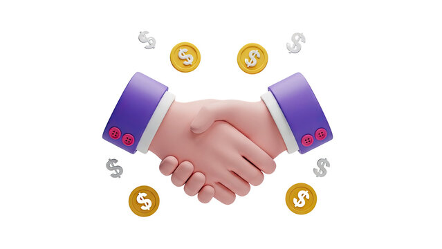 3D Handshake with Gold Coins and Dollar Signs on transparent background