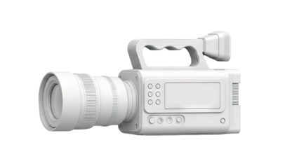 3D White video camera with large lens on transparent background