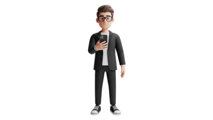 3D Cartoon Businessman Holding Smartphone on transparent background