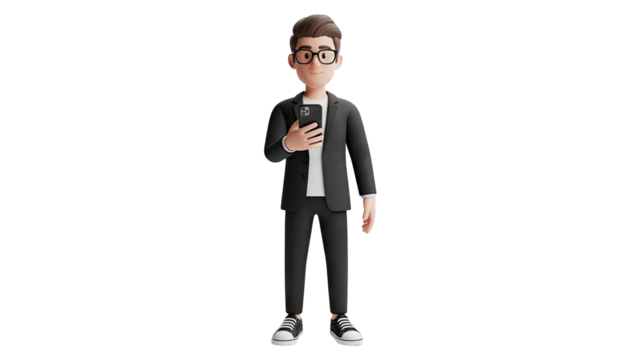 3D Cartoon Businessman Holding Smartphone on transparent background - Powered by Adobe