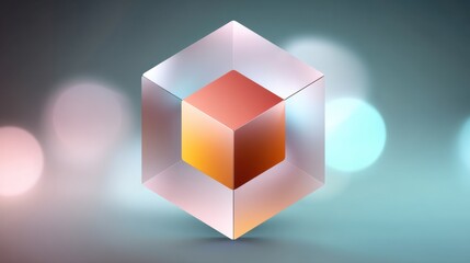 Elegant geometric composition featuring a translucent cube encased in a hexagonal prism with soft bokeh background in pastel colors and light effects