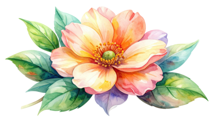 Watercolor flower with layered petals and surrounding leafy foliage