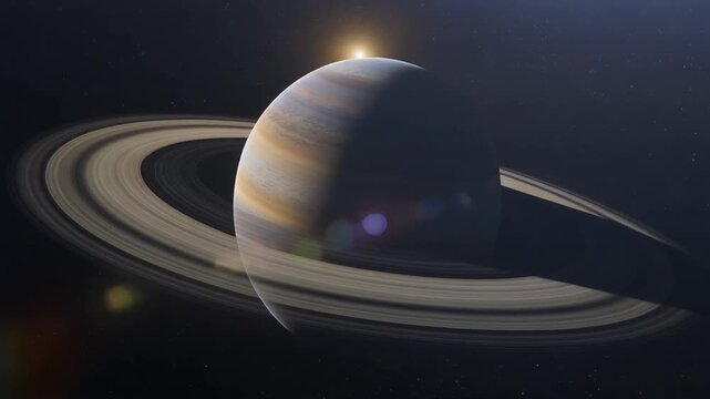 Detailed close-up view of Saturn with its prominent rings, illuminated by the sun, showcasing its majestic beauty in the vast expanse of space