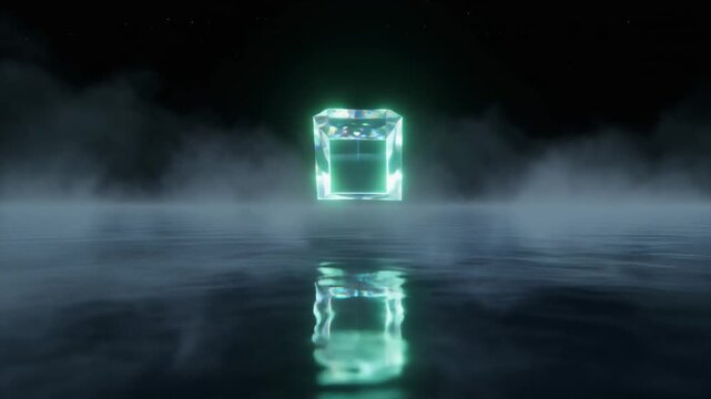 Futuristic glowing cube floating above water with atmospheric fog creating a mysterious and ethereal ambiance