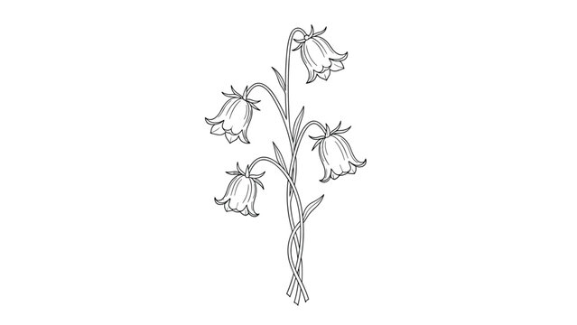 An elegant hand-drawn illustration of a bluebell or harebell flower stalk in a detailed black and white vintage outline style.