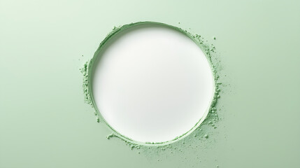 A minimalist flat-lay design showcases a smooth circular cut-out of white negative space on a pastel green powder-textured surface. The green powder creates rounded edges with subtle depth and shadows