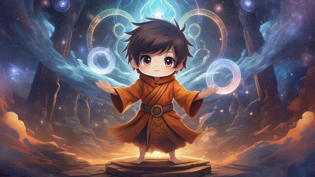 Chibi style cartoon character in orange robe levitating with magical energy.