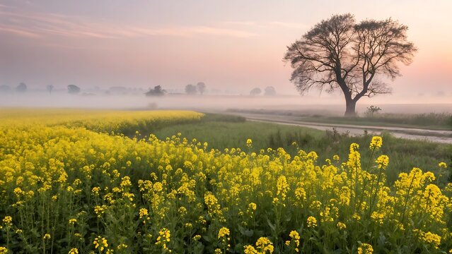 Misty morning in the mustard field with a solitary tree under a soft sky - Powered by Adobe