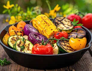 Grilled vegetables arranged in a cast iron skillet on wood