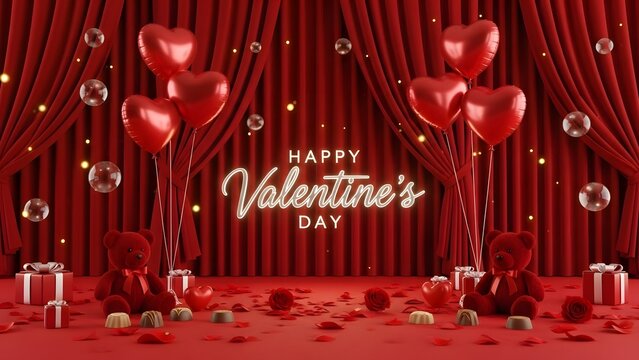 Happy valentines day greeting with teddy bears balloons and red curtain backdrop. Valentin's Day Background.