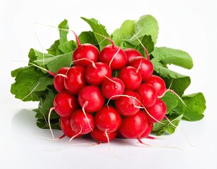 Vivid red radishes clustered with green leaves, on white background