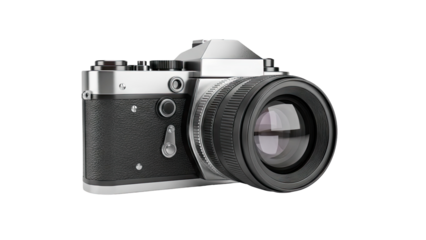 Retro 35mm SLR Camera with Lens on transparent background
