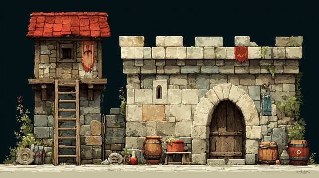 Medieval stone castle fortress with wooden watchtower and red roof pixel art background for fantasy video game featuring defensive wall arched entrance and rustic barrels environment
