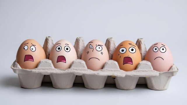 Five Cartoon Face Eggs Expressing Various Emotions In A Carton On White