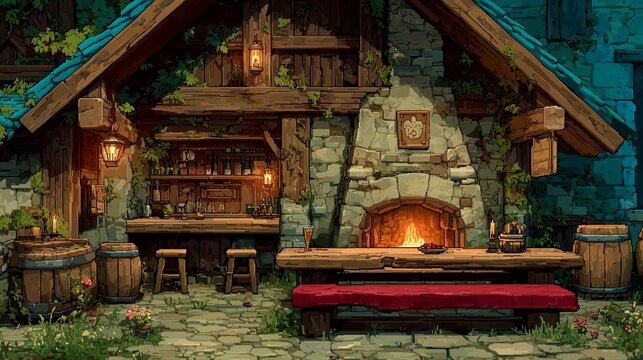 Pixel art of a cozy medieval fantasy tavern interior with a glowing stone fireplace wooden bar counter rustic furniture and warm lanterns in a peaceful village house