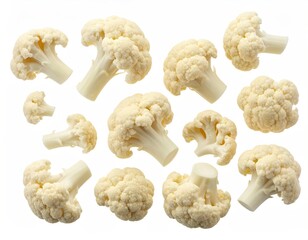 Fluffy white cauliflower florets floating on a stark white background