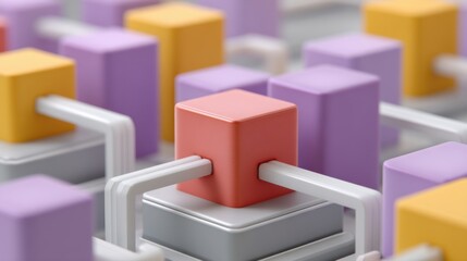 Colorful abstract arrangement of geometric shapes with connecting lines representing technology and innovation in modern digital networks and systems