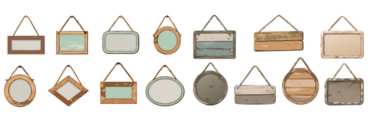 Hanging wooden signs with teal painted vintage wood, peeling paint, watercolor + ink illustration, blank boards, rope strings, clipart style, high detail