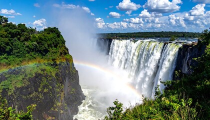 A majestic waterfall cascades over a rocky cliff. A vibrant rainbow arches across the water's mist, under a blue sky with fluffy clouds