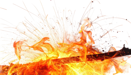 Burning blade with sparks and flames erupting violently