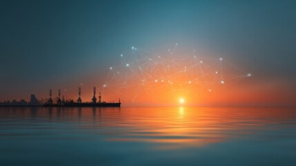 Tranquil Sunset Over Water with Abstract Network Connections Representing Technology and Innovation in Maritime Industry