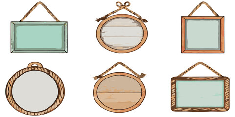 High-detail stock illustration of rustic hanging wooden signs, blank boards, teal, brown, gray and red-accent wood, rope tied at top