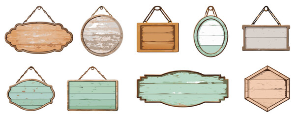 Old wooden hanging sign set, rough plank texture, scratched surface, hand-painted rustic style,