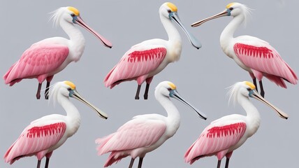 Fototapeta premium Graceful roseate spoonbills, with their striking pink plumage, stand together in a captivating display of avian elegance and natural beauty