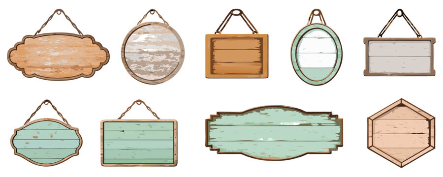 Old wooden hanging sign set, rough plank texture, scratched surface, hand-painted rustic style,