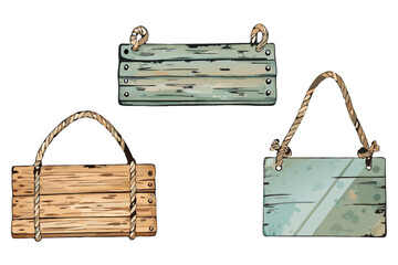 Weathered gray wooden hanging sign boards, scratched texture, hand-painted watercolor style, natural rope knots, isolated white background, ultra-detailed