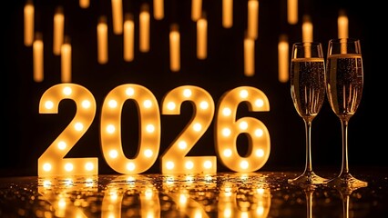 Illuminated marquee numbers clearly displaying the year 2026 stand beside two elegant flutes filled with sparkling champagne ready for a festive celebration or momentous anniversary occasion