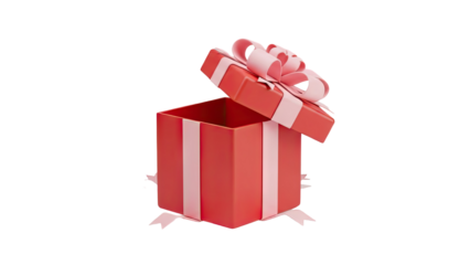 Open red gift box with pink ribbon and bow on transparent background