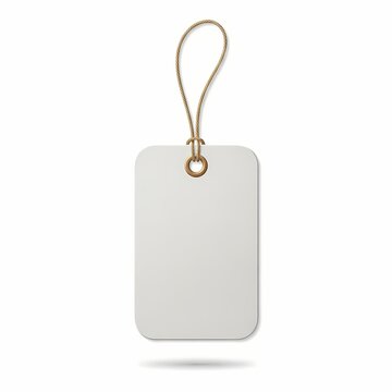 A blank white tag with a gold loop hanging from a string against a white background