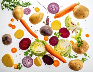 Various fresh, raw vegetables and herbs scattered against a bright background