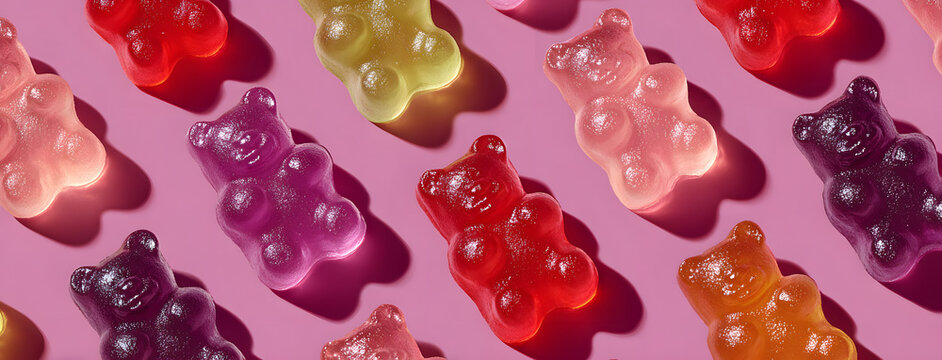 Flat lay composition with delicious jelly bears, jelly bears pattern on pink background, panoramic image