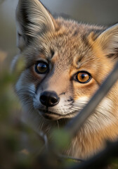 Obraz premium Close-up of wild animals curiously observing their surroundings, natural behavior, realistic fur texture, RGB color profile, neutral background, candid wildlife photography, sharp focus, fox