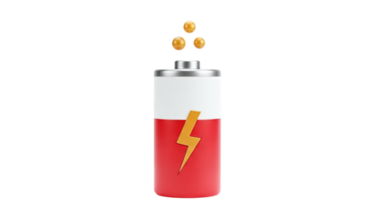 3D Battery charging icon with lightning bolt and energy orbs on transparent background