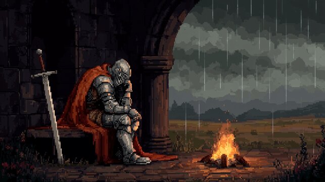 Pixel art of a sad medieval knight with a red cape sitting alone in the rain by a campfire under a stone archway at twilight
