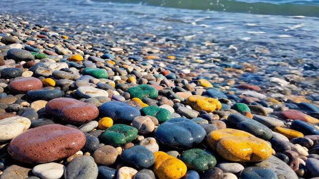 Smooth continuous seamless loop of crystal clear seawater gently washing over a patch of colorful smooth beach pebbles and polished stones meditation, continuous, zen