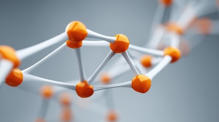 Molecular structure with orange and white components representing DNA or genetic science, showcasing the intricate design and connectivity of biological elements