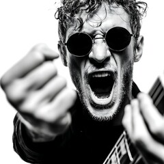 A man with sunglasses and a guitar expressing strong emotions