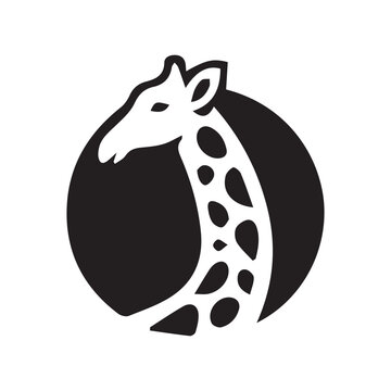 Minimalist giraffe head with long neck and spots in black circle