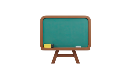 Green chalkboard with eraser and chalk on transparent background
