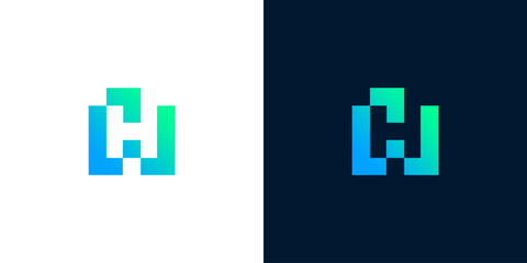 Vibrant pixelated H/W letter logo with blue-green gradient. Modern abstract geometric block icon for digital innovation, technology, and connectivity branding