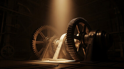 industrial gears machinery operating in a dimly lit factory illuminated by a strong beam representing engineering power and complex mechanical processes.